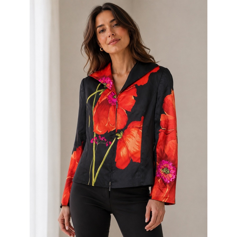 Linda Allard Ellen Tracy Designer Vintage Floral Poppy Jacket Art To Wear 12